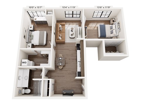 Floor plan for 2 beds, 1 bath, 805 sqft